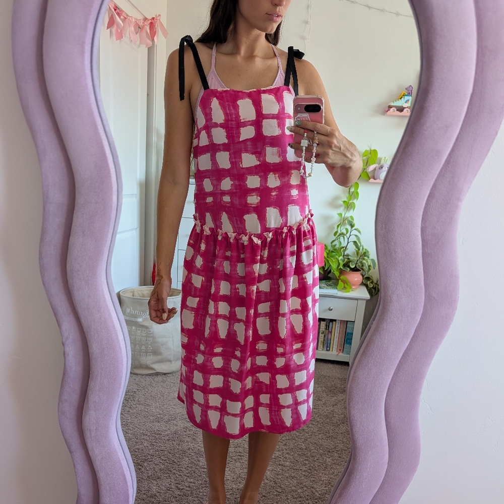 Topshop Pink and White Ribbon Strap Drop Waist Dress Size 4